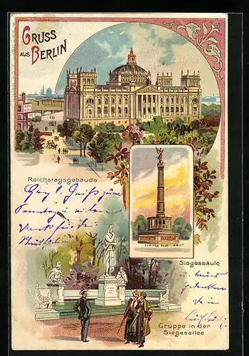 Lithographie Berlin, Reichstagsgebäude, Gruppe in der Siegesallee