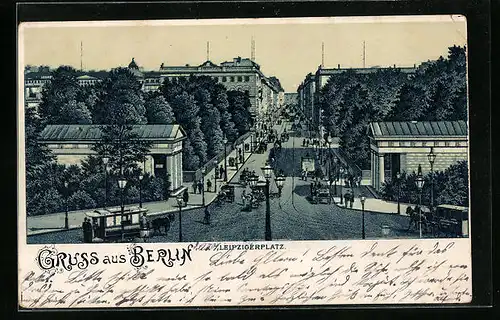 Lithographie Berlin, Leipzigerplatz aus der Vogelschau, Strassenbahn