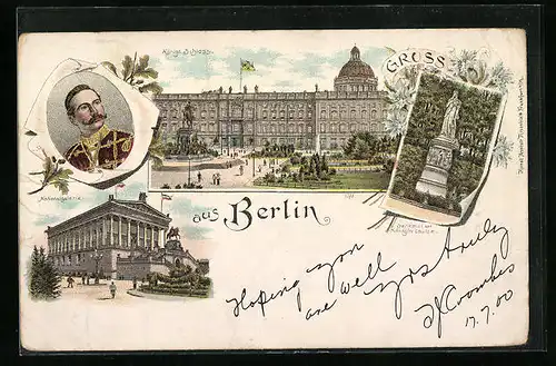Lithographie Berlin, Königl. Schloss, Nationalgalerie, Kaiser Wilhelm II.