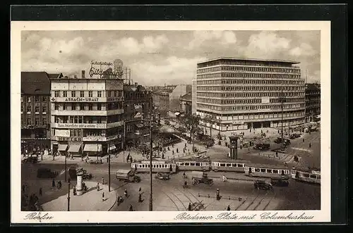 AK Berlin, Potsdamer Platz mit Columbushaus, Strassenbahnen