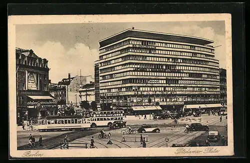 AK Berlin, Potsdamer Platz mit Columbushaus, Strassenbahn und Bus