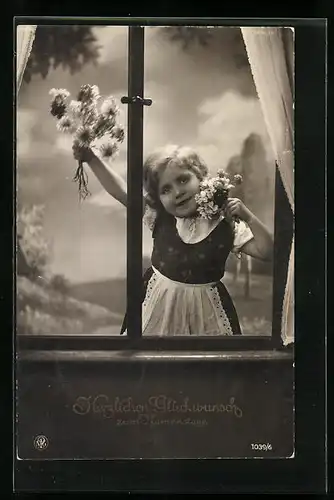 Foto-AK NPG Nr. 1039 /6: Kleine Namenstagsgratulantin bringt Blumen