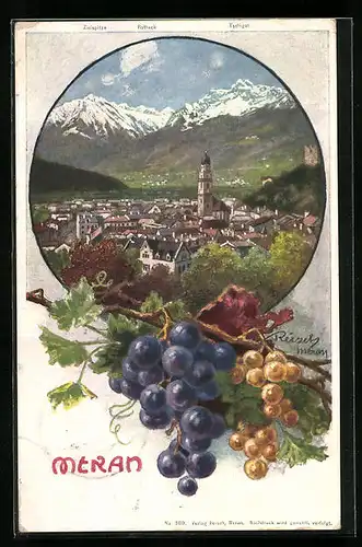 Künstler-AK F.A.C.M. Reisch: Meran, Teilansicht mit Zielspitze, Rotheck und Tschigat