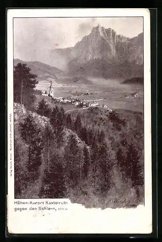 Künstler-AK F.A.C.M. Reisch: Kastelruth, Teilansicht gegen den Schlern