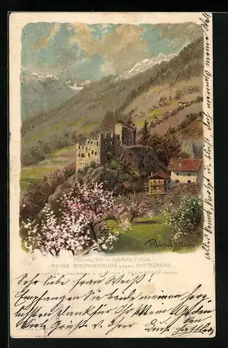 Künstler-AK F.A.C.M. Reisch: Meran, Ruine Brunnenburg gegen Vintschgau im Frühling