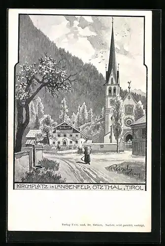 Künstler-AK F.A.C.M. Reisch: Längenfeld /Ötzthal, Kirchplatz mit Kirche