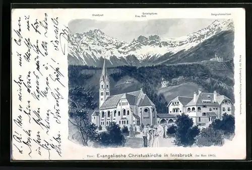 Künstler-AK F.A.C.M. Reisch: Innsbruck, Evangelische Christuskirche mit Brandjoch, Frau Hitt u. Sattelspitzen