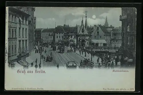Mondschein-AK Berlin, Strasse Mühlendamm mit Restaurant und Geschäften, Strassenbahn
