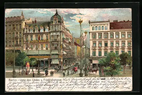 Lithographie Berlin, Unter den Linden und Friedrichstrasse