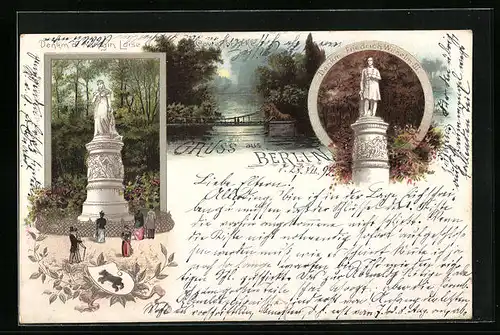 Vorläufer-Lithographie Berlin, Denkmal Königin Luise mit Uferpartie 1895