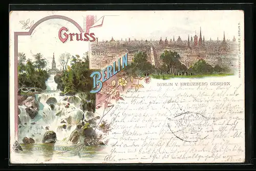 Lithographie Berlin, Totalansicht v. Kreuzberg gesehen mit Wasserfall i. Viktoria-Park