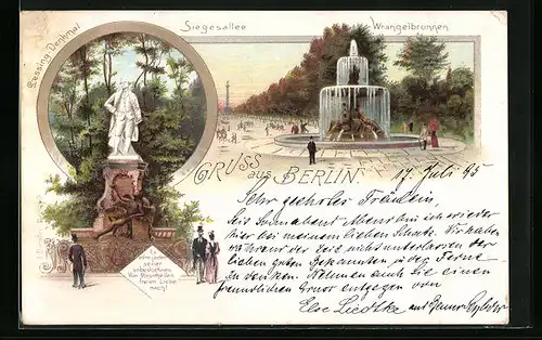 Vorläufer-Lithographie Berlin, Siegesallee mit Wrangelbrunnen 1895