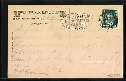 AK Berlin, Weinhaus Rheingold am Potsdamer Platz, Mahagoni-Saal