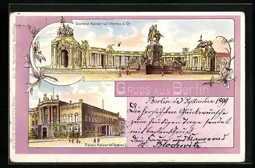 Lithographie Berlin, Denkmal Kaiser Wilhelm d. Gr. und Palais Kaiser Wilhelm I.