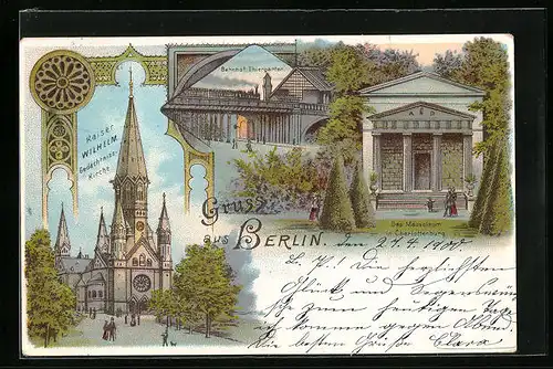 Lithographie Berlin, Kaiser Wilhelm Gedächtniss-Kirche, Bahnhof Thiergarten