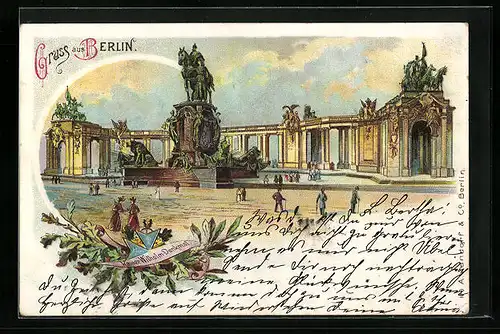 Lithographie Berlin, Kaiser Wilhelm-Denkmal in Abendstimmung