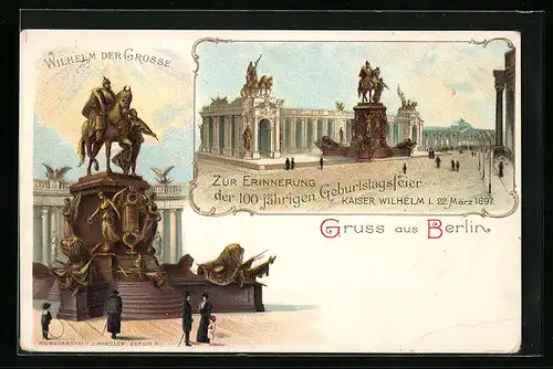 Lithographie Berlin, Wilhelm der Grosse, 100 jährige Geburtstagsfeier