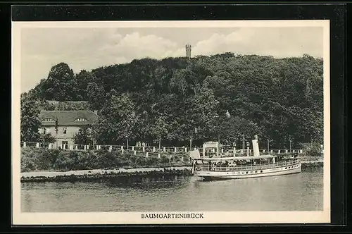 AK Baumgartenbrück, Uferpartie mit Dampfer