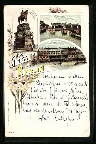 Lithographie Berlin, Börse, Schlossbrücke, Denkmal Friedrich d. Gr.