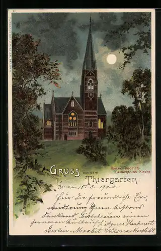 Lithographie Berlin-Tiergarten, Kaiser Friedrich-Gedächtnis-Kirche bei Mondschein