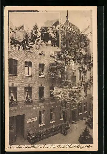 AK Berlin, Mädchenheim, Tieckstrases 17 als Flüchtlingsheim, Pferdewagen