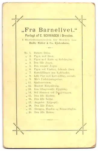 19 Fotografien C. Schwager, Dresden, Fra Barnelivet Vollständige Serie aller 19 Bilder, Rückseiten mit Auflistung