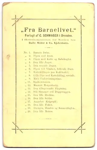 19 Fotografien C. Schwager, Dresden, Fra Barnelivet Vollständige Serie aller 19 Bilder, Rückseiten mit Auflistung