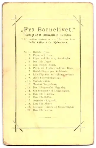 19 Fotografien C. Schwager, Dresden, Fra Barnelivet Vollständige Serie aller 19 Bilder, Rückseiten mit Auflistung