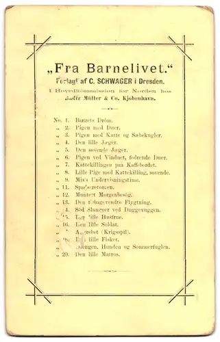 19 Fotografien C. Schwager, Dresden, Fra Barnelivet Vollständige Serie aller 19 Bilder, Rückseiten mit Auflistung