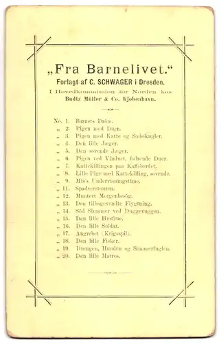 19 Fotografien C. Schwager, Dresden, Fra Barnelivet Vollständige Serie aller 19 Bilder, Rückseiten mit Auflistung