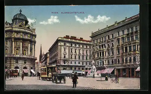 AK Wien, Albrechtsplatz, Partie mit Pferdefuhrwerk und Blick auf Kirchturm