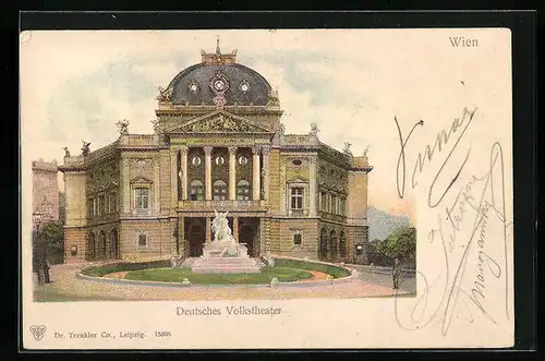 Lithographie Wien, Deutsches Volkstheater mit Denkmal