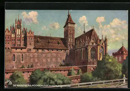 Künstler-AK Marienburg, Die Marienburg - Hochschloss mit Schlosskirche