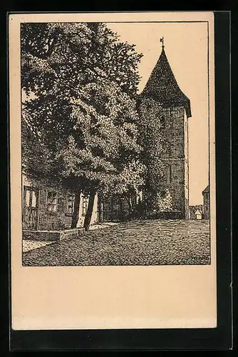 Künstler-AK Sensburg, Evangelische Kirche