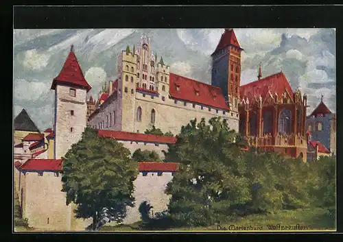 Künstler-AK Marienburg, Blick auf die Burg mit Burgmauer