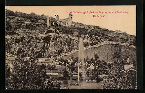 AK Budapest, Fontäne vor dem Aufgang zum Blocksberg