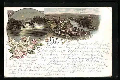 Lithographie Schaffhausen, Teilansicht von Südwesten, Rheinfall bei Mondschein