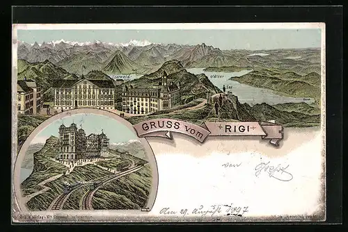 Lithographie Rigi, Hotel mit Bahn, Vierwaldstätter-See