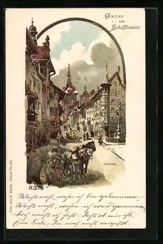 Lithographie Schaffhausen, Partie in der Oberstadt mit Denkmal