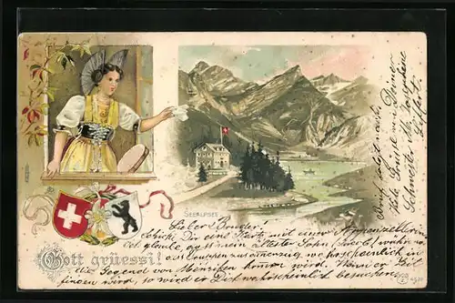 Präge-Lithographie Seealpsee, Teilansicht mit Hotel, Frau in Tracht