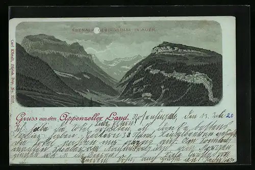 Mondschein-Lithographie Schwende-Rüte, Ebenalp Gebirgstal