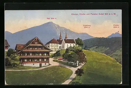 AK Menzingen, Pension Gubel mit Kloster und Kirche, Rigi, Zugerberg und Pilatus