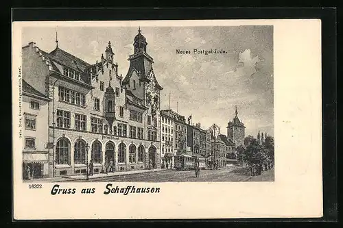 AK Schaffhausen, Neus Postgebäude mit Strssenbahn