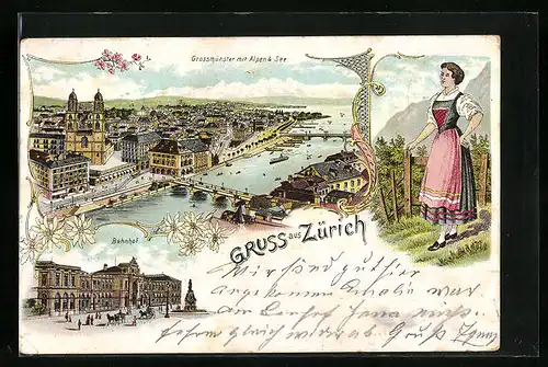 Lithographie Zürich, Grossmünster mit Alpen & See, Bahnhof, Frau in Tracht