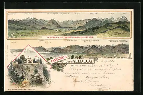 Lithographie Meldegg, Gasthaus zur Meldegg, Panorama gegen Süden mit Scesa Plana, Alvier u. Altmann