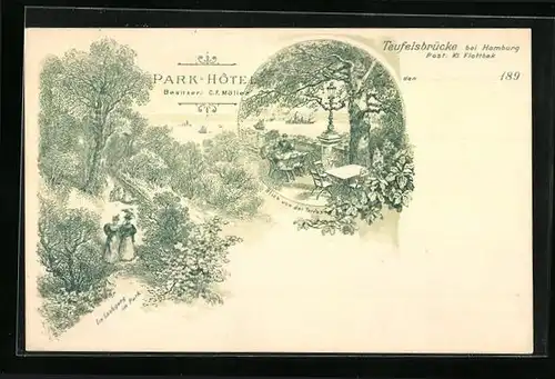 Lithographie Hamburg, Park-Hotel mit Teufelsbrücke