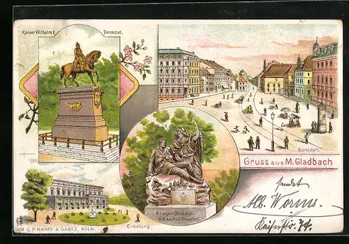 Lithographie M. Gladbach, Totalansicht mit Marktplatz