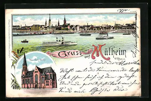 Lithographie Mülheim a. Rh., Totalansicht mit Kirche