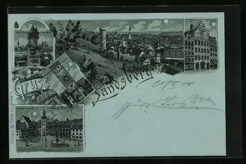 Mondschein-Lithographie Landsberg, Totalansicht mit Mutterthurm