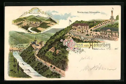 Lithographie Wetter a. d. Ruhr, Totalansicht mit Restaurant Schemann am Harkortberg